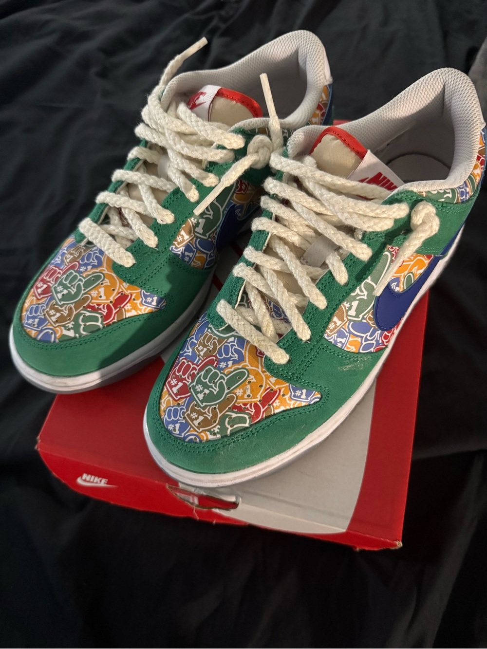 Nike Kids Sneakers in Green with Multicolor Graphic and Blue Swoosh